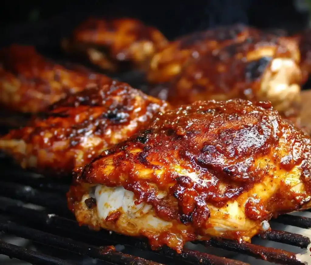 A close-up of juicy, saucy BBQ chicken breasts cooking on the grates of a hot grill, with beautiful char marks.