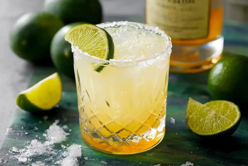 A refreshing margarita recipe served on the rocks in a salt-rimmed glass, garnished with a fresh lime wheel.