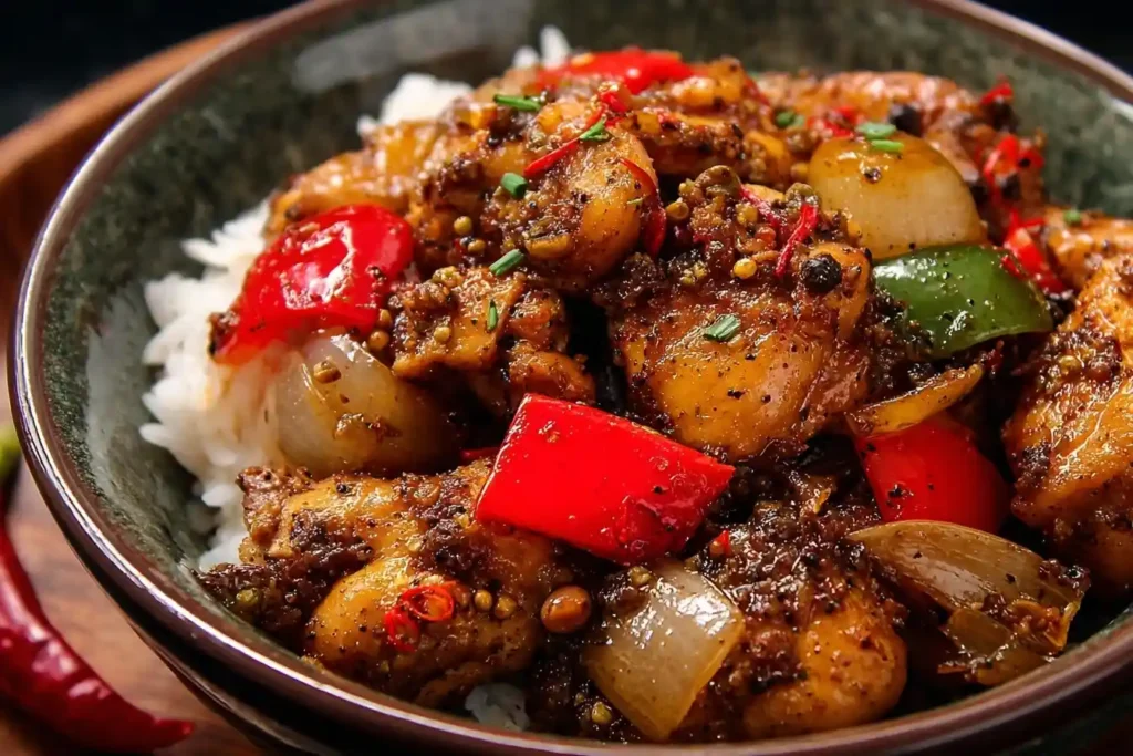 A close-up shot of a savory Black Pepper Chicken stir-fry with bell peppers and onions served over white rice in a dark bowl.