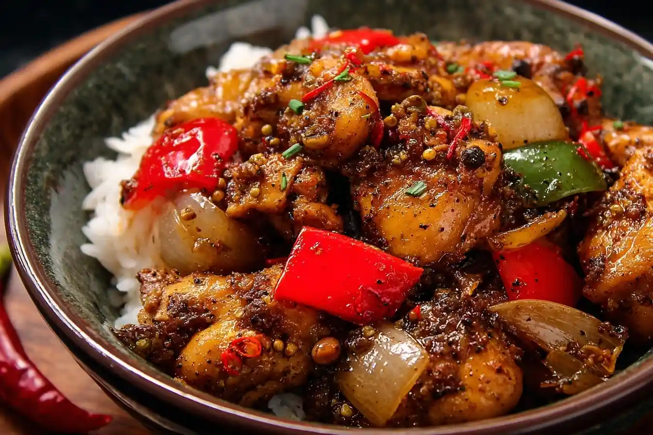 A close-up shot of a savory Black Pepper Chicken stir-fry with bell peppers and onions served over white rice in a dark bowl.