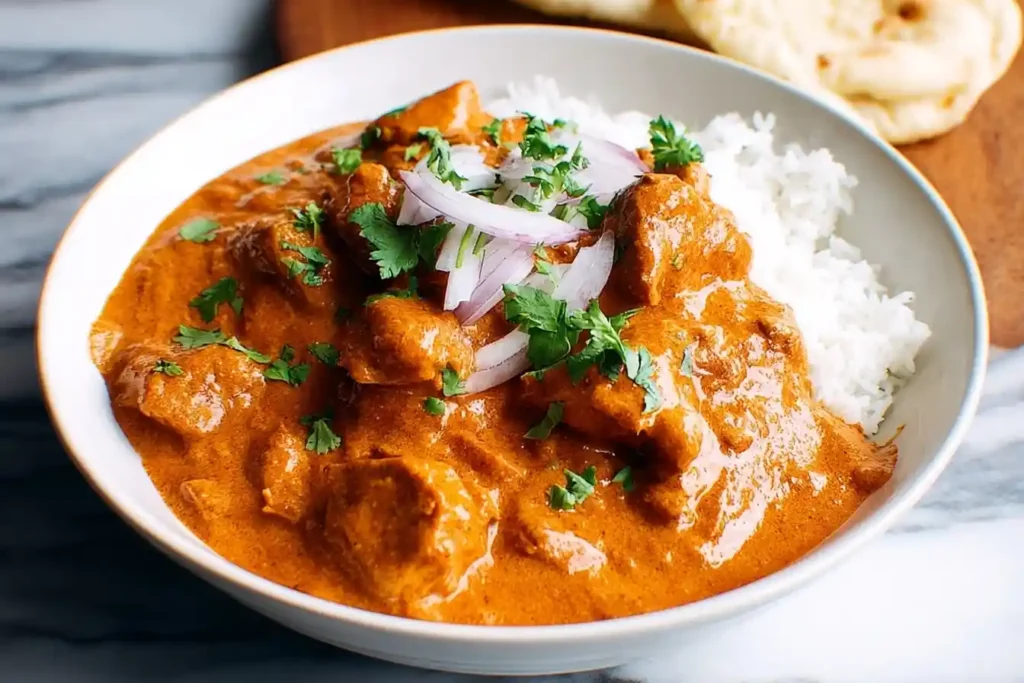 A white bowl filled with creamy Indian Butter Chicken served over white rice and garnished with cilantro and red onion.