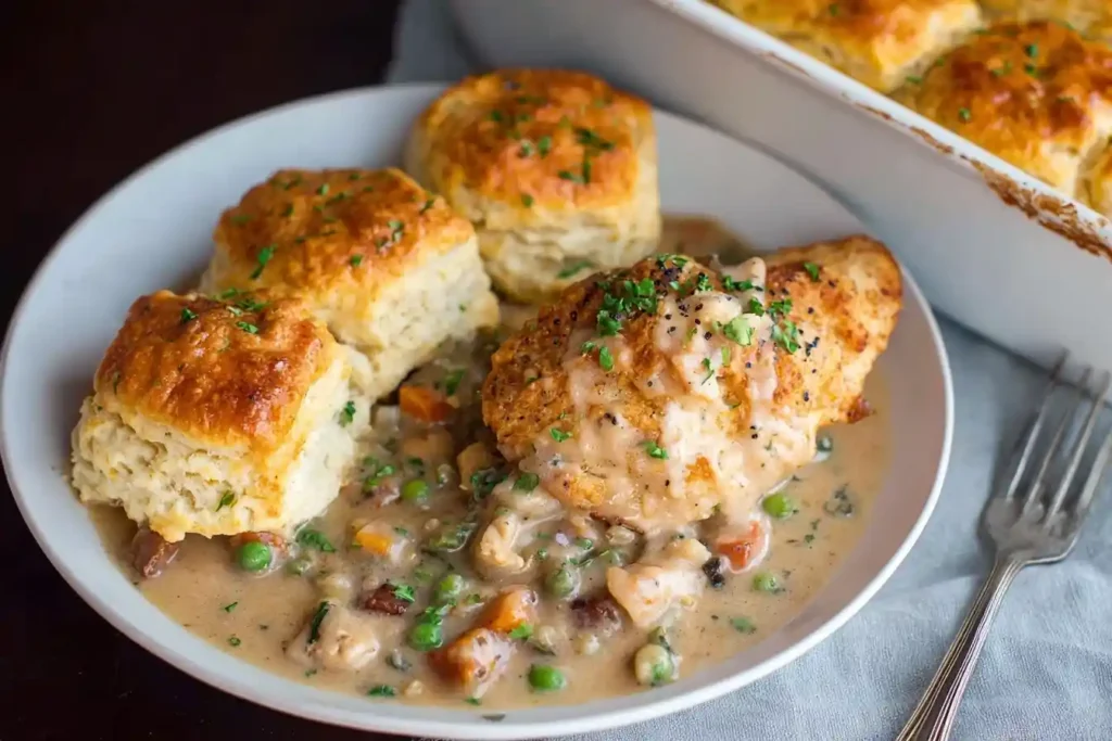A comforting plate of creamy chicken and biscuits, with three golden-brown biscuits served over a savory vegetable stew.