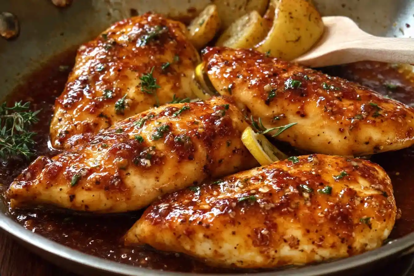 Juicy Honey Garlic Chicken Breast fillets pan-seared in a skillet with a glossy sauce, fresh herbs, and lemon wedges.