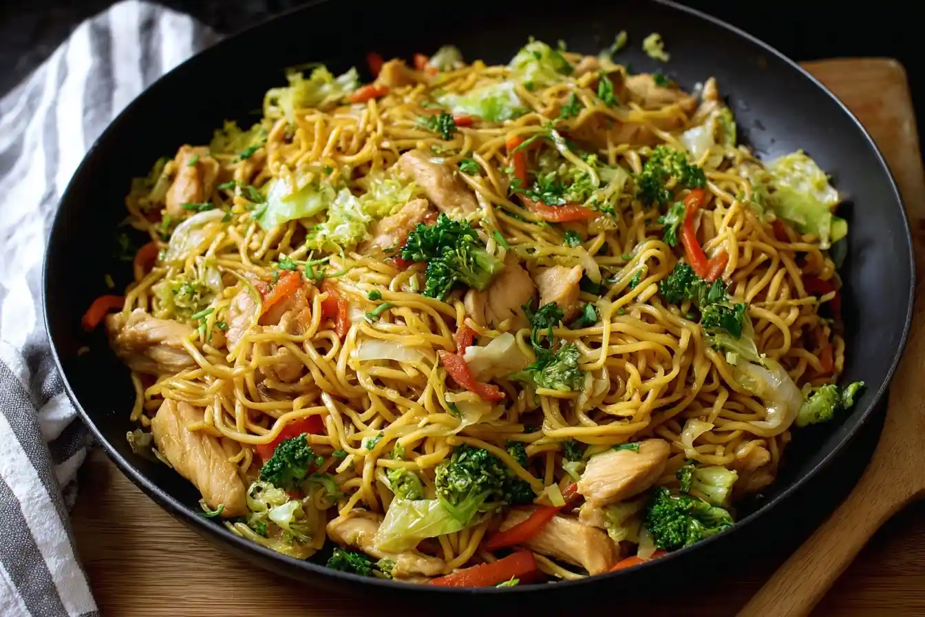 A close-up of a black pan filled with homemade chicken chow mein, mixed with broccoli, red peppers, and tender chicken pieces.