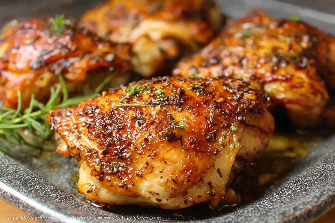 A close-up shot of crispy, golden-brown baked chicken thighs seasoned with herbs and spices in a dark baking dish.