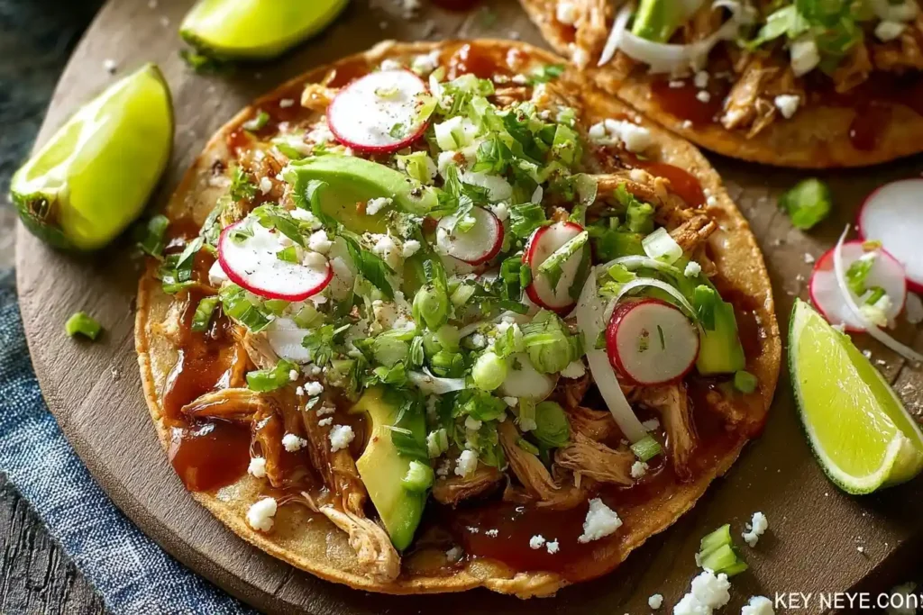 A close-up of delicious Chicken Tostadas on a wooden board, topped with avocado, radish, and fresh cheese.
