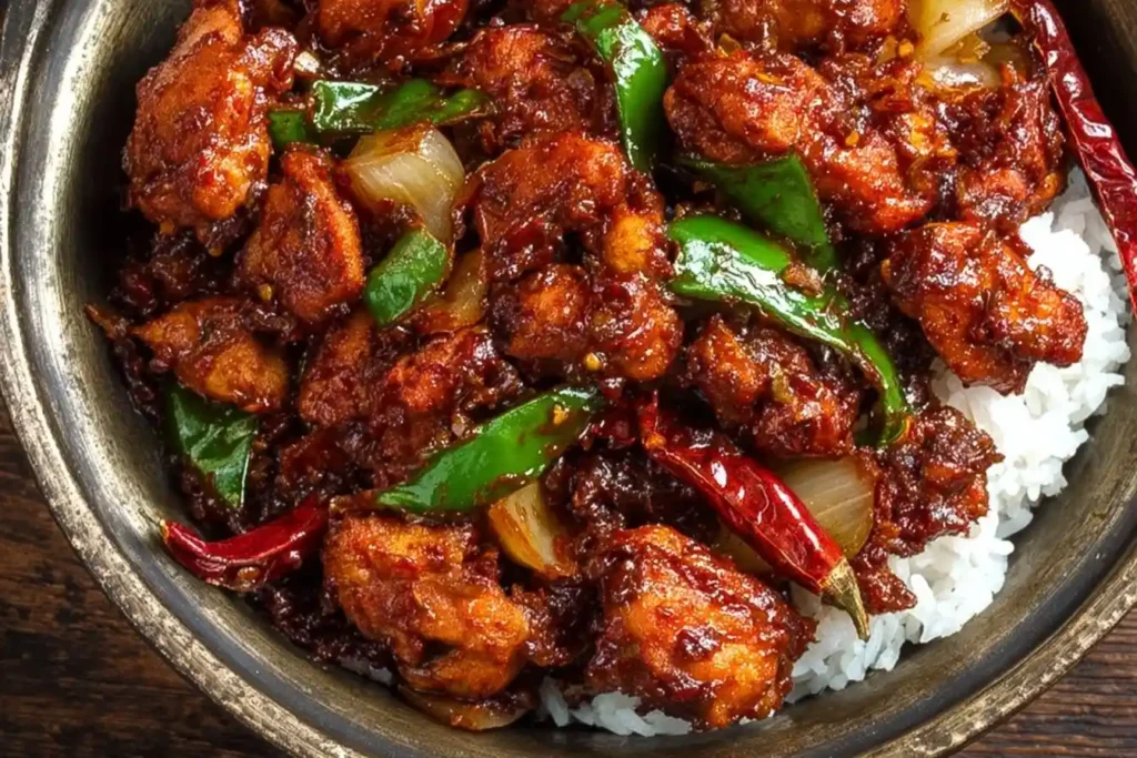 A close-up shot of delicious Chilli Chicken served over white rice with green peppers and onions in a rustic bowl.
