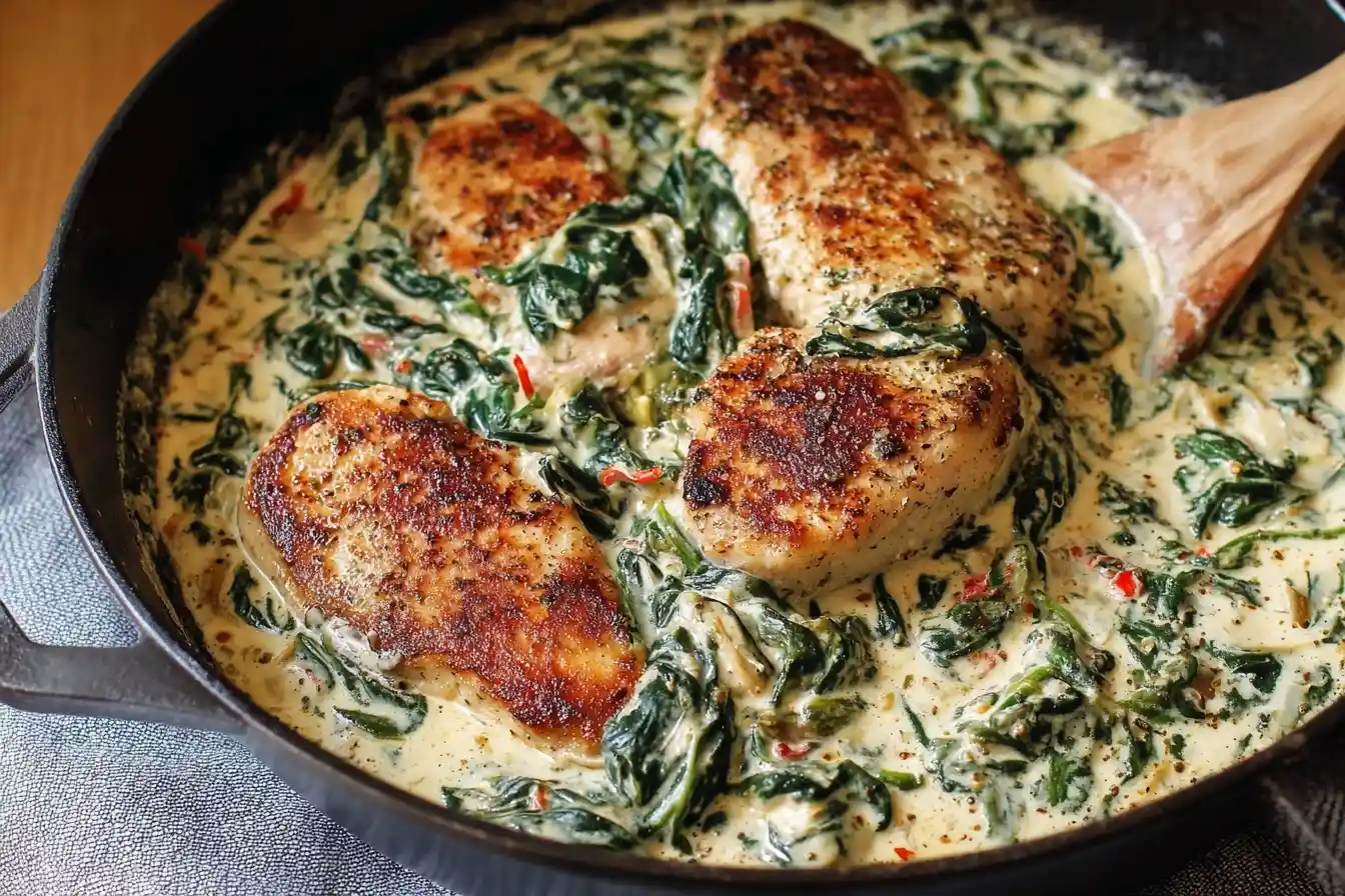 A close-up of pan-seared chicken breasts in a cast-iron skillet, smothered in a delicious {{ $('Fetch Recipe Data').first().json["Main Keyword"] }} sauce.