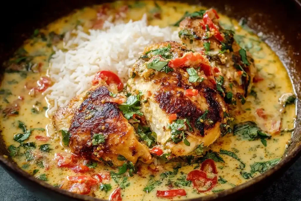A close-up of seared Coconut Curry Chicken in a skillet, served with rice in a rich, creamy sauce with tomatoes and cilantro.