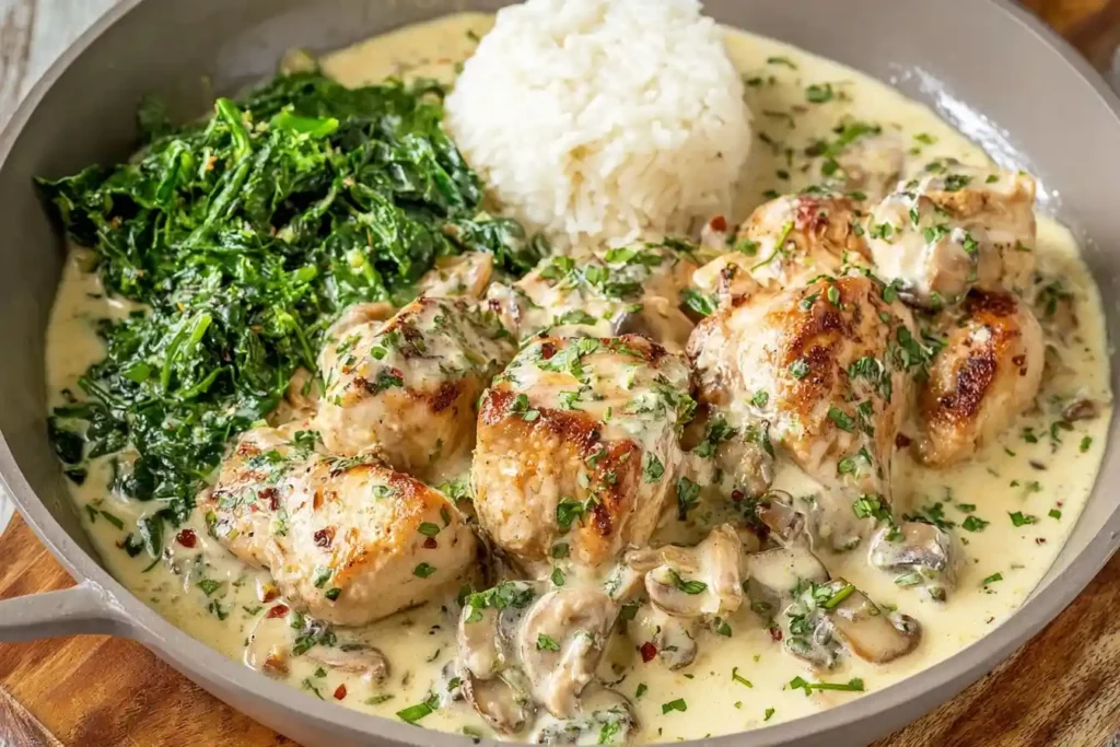 A skillet of creamy {{ $('Fetch Recipe Data').first().json["Main Keyword"] }} with mushrooms, served alongside wilted spinach and a scoop of rice.