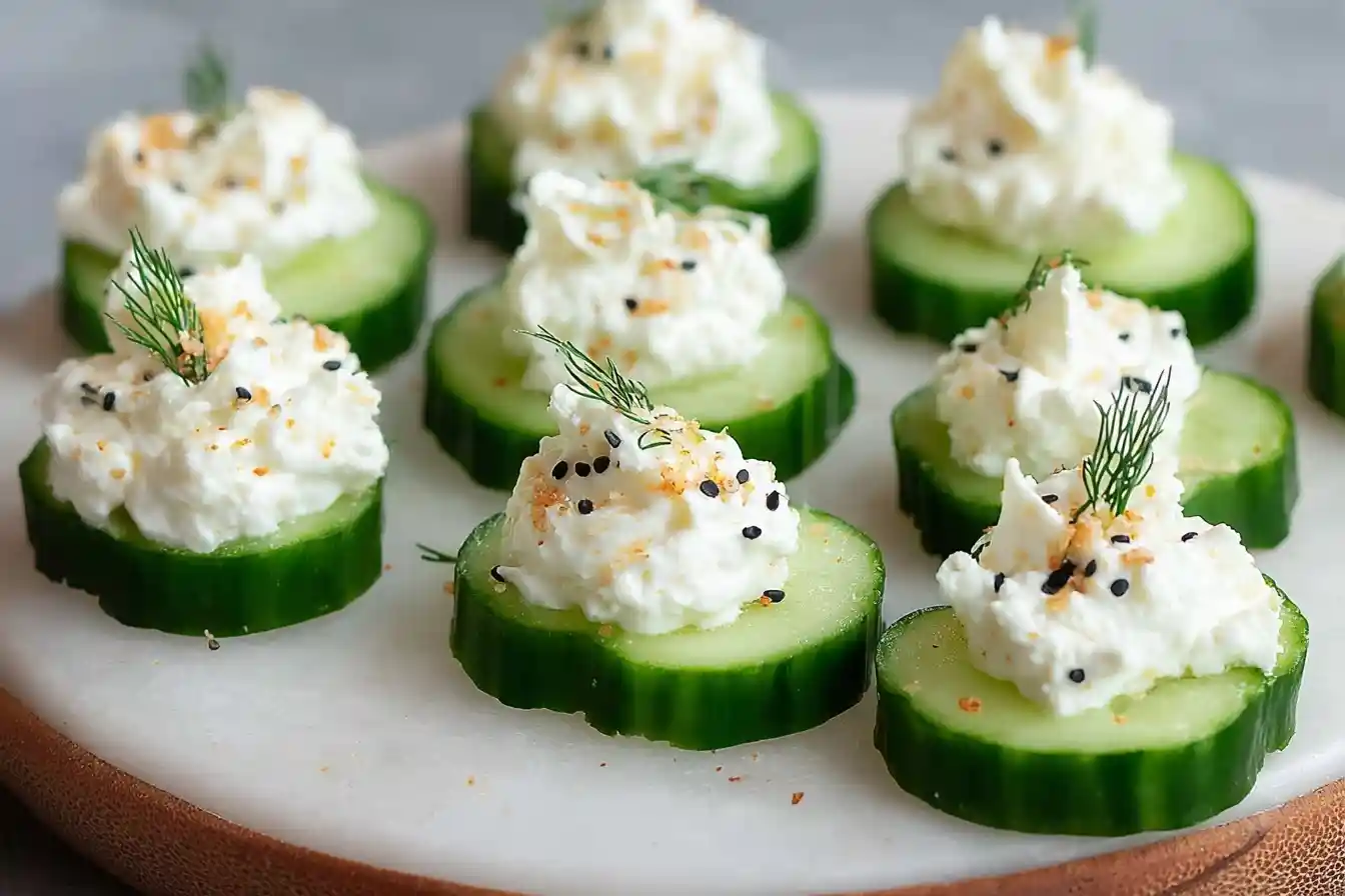 A platter of refreshing cucumber bites topped with a creamy cheese mixture, dill, and savory seasonings.