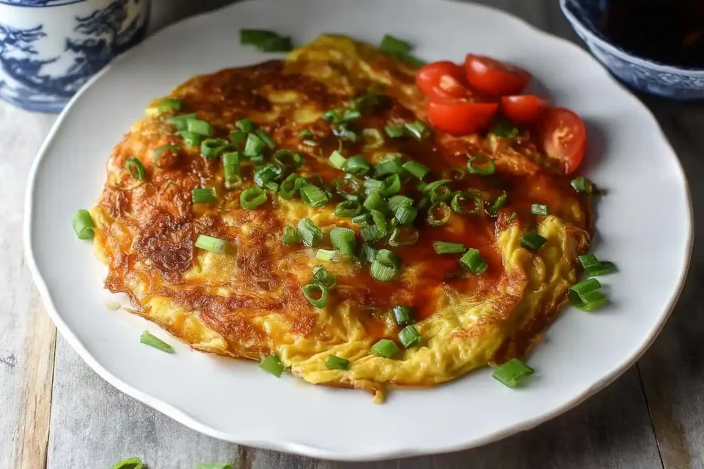 A homemade Egg Foo Young on a white plate, garnished with chopped green onions, a savory sauce, and fresh cherry tomatoes.