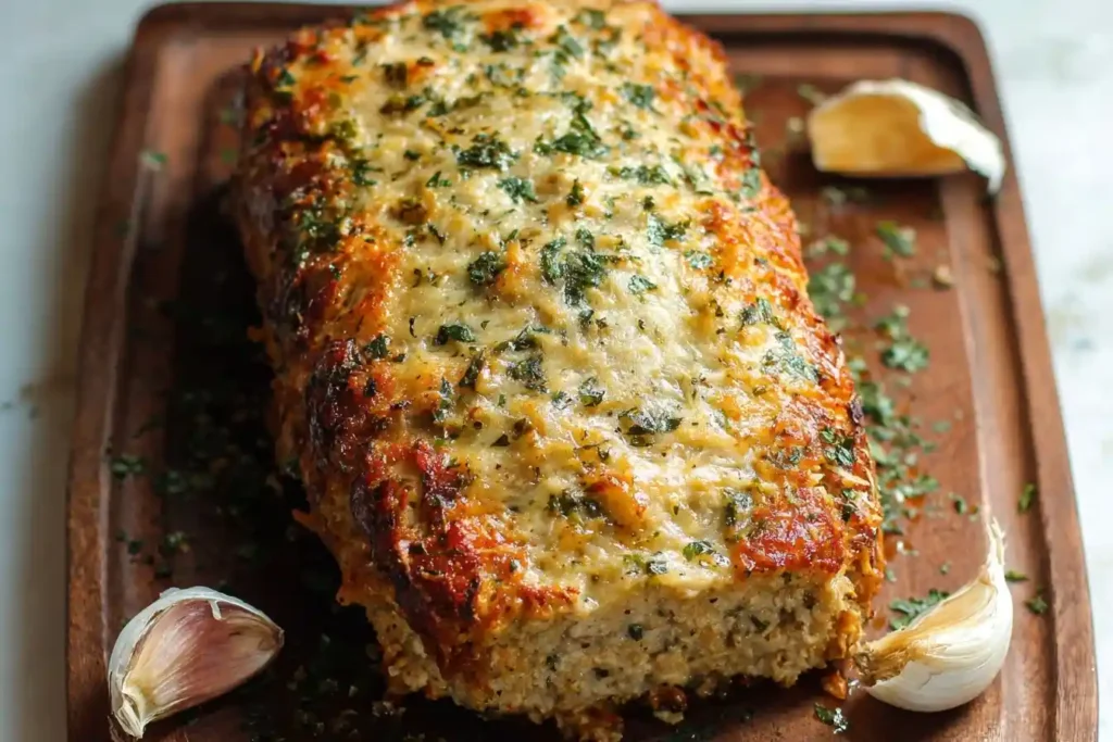 A golden-brown turkey meatloaf topped with melted cheese and fresh parsley, served on a wooden board with garlic cloves.