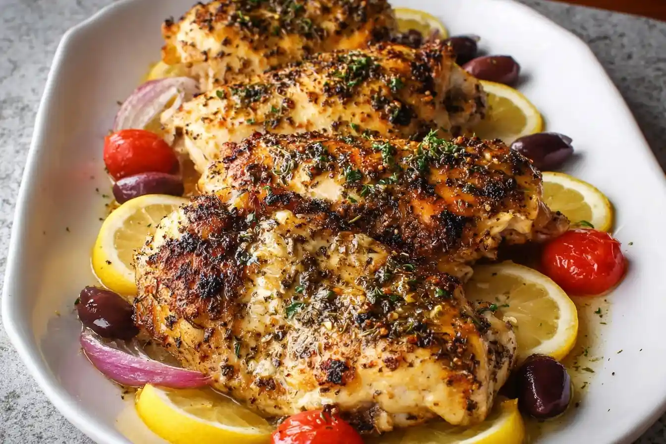 A platter of baked Greek chicken breasts, seasoned with herbs and served on a bed of lemon slices with olives and tomatoes.