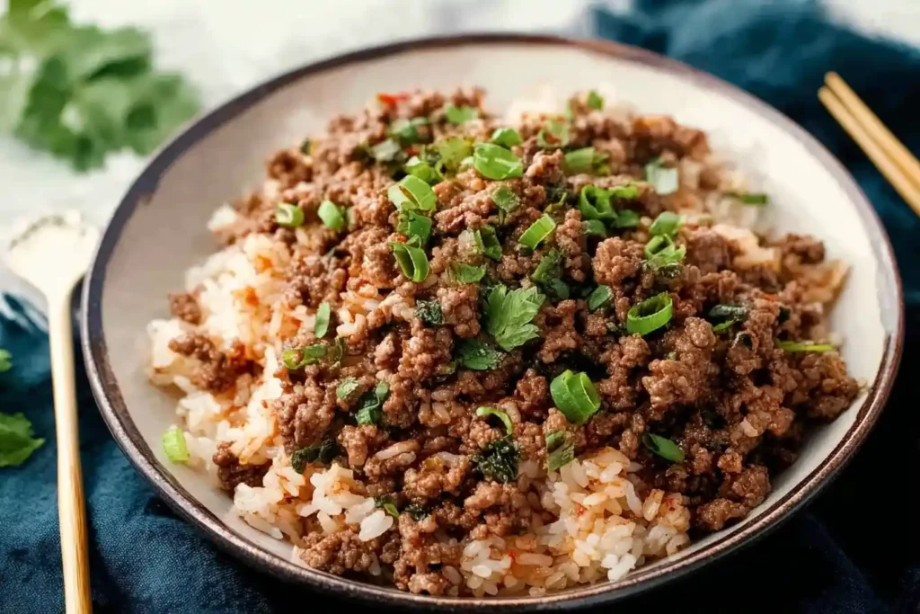 A close-up of a savory bowl of Ground Beef and Rice, garnished with freshly chopped green onions and cilantro.
