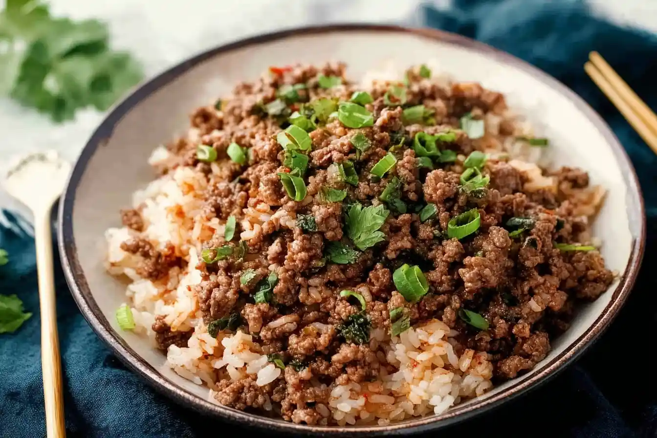 A close-up of a savory bowl of Ground Beef and Rice, garnished with freshly chopped green onions and cilantro.