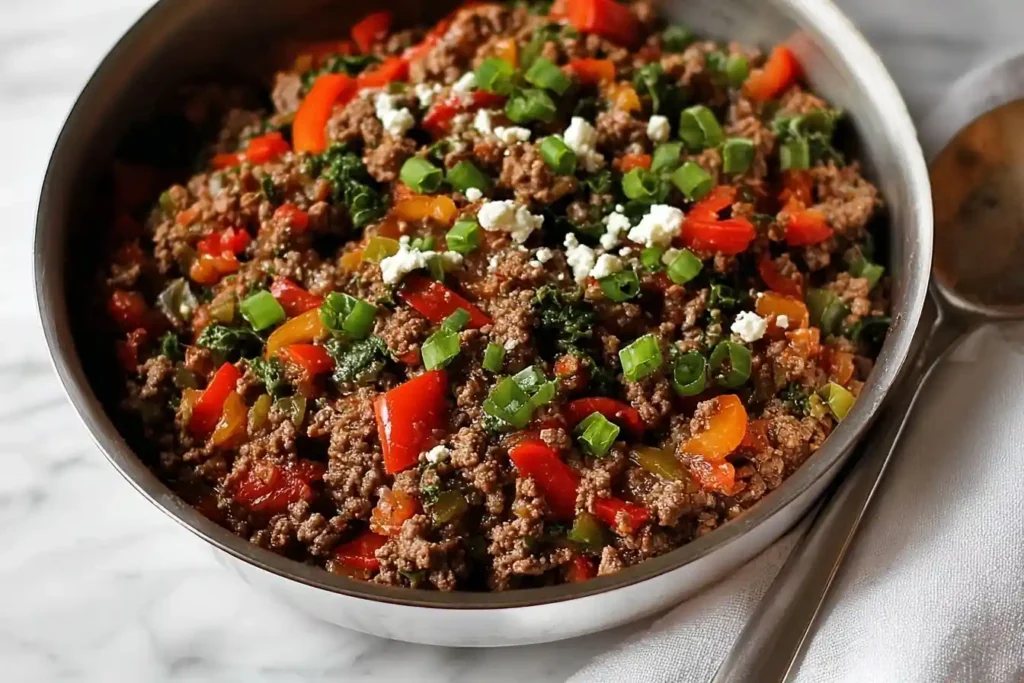 A colorful ground beef skillet in a stainless steel bowl, topped with peppers, feta cheese, and green onions.