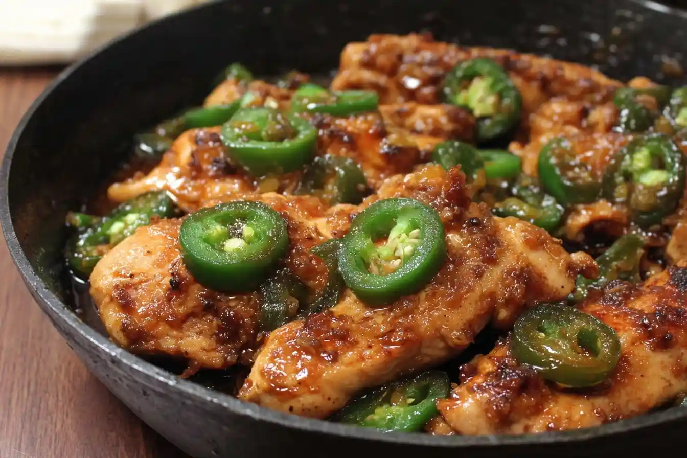 A close-up of spicy Jalapeño Chicken sizzling in a dark skillet, topped with vibrant green jalapeño slices and a savory glaze.