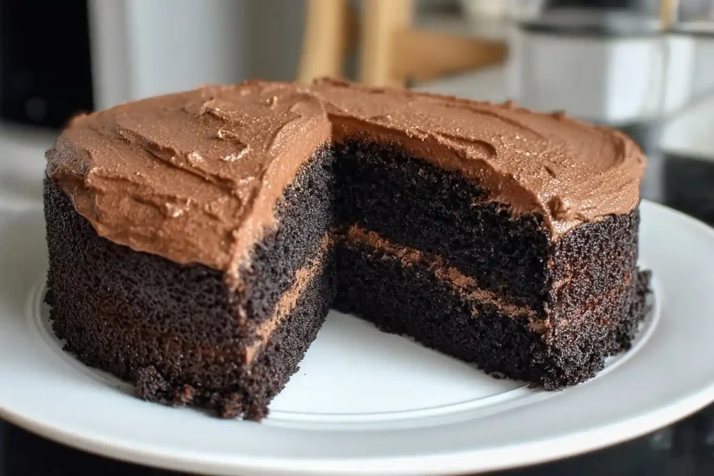 A two-layer chocolate fudge cake with rich frosting on a white plate, with one slice cut out to show the moist crumb inside.