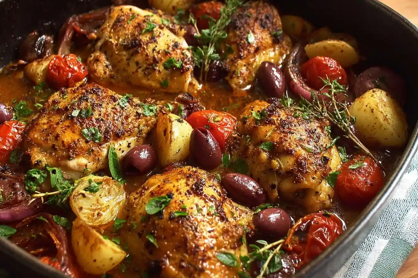 A close-up of a skillet filled with rustic {{Greek chicken and potatoes}}, roasted with cherry tomatoes, olives, and fresh herbs.