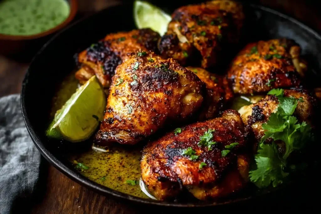 A dark skillet filled with crispy cilantro lime chicken thighs, garnished with fresh cilantro and lime wedges.