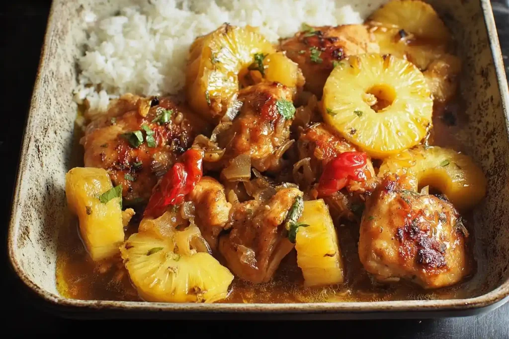 A close-up of a rustic bowl filled with pineapple chicken, pineapple rings, and white rice in a savory sauce.