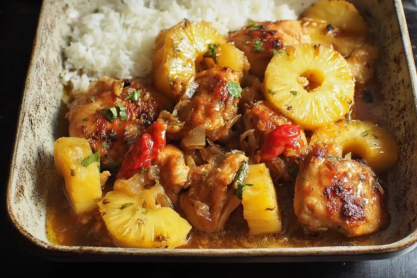 A close-up of a rustic bowl filled with pineapple chicken, pineapple rings, and white rice in a savory sauce.