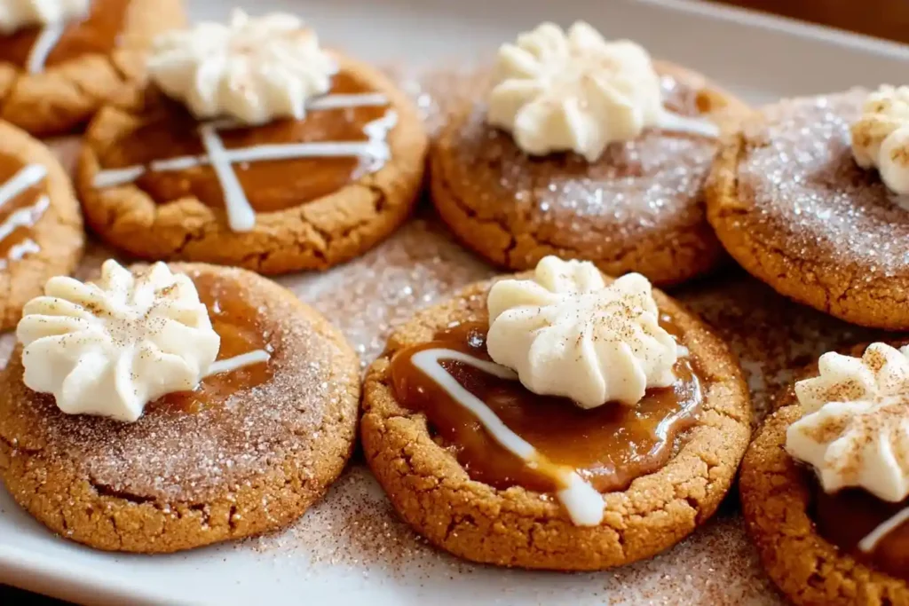 A close-up of Gingerbread Caramel Cookies on a white plate, topped with cream, caramel, and a sprinkle of cinnamon sugar.