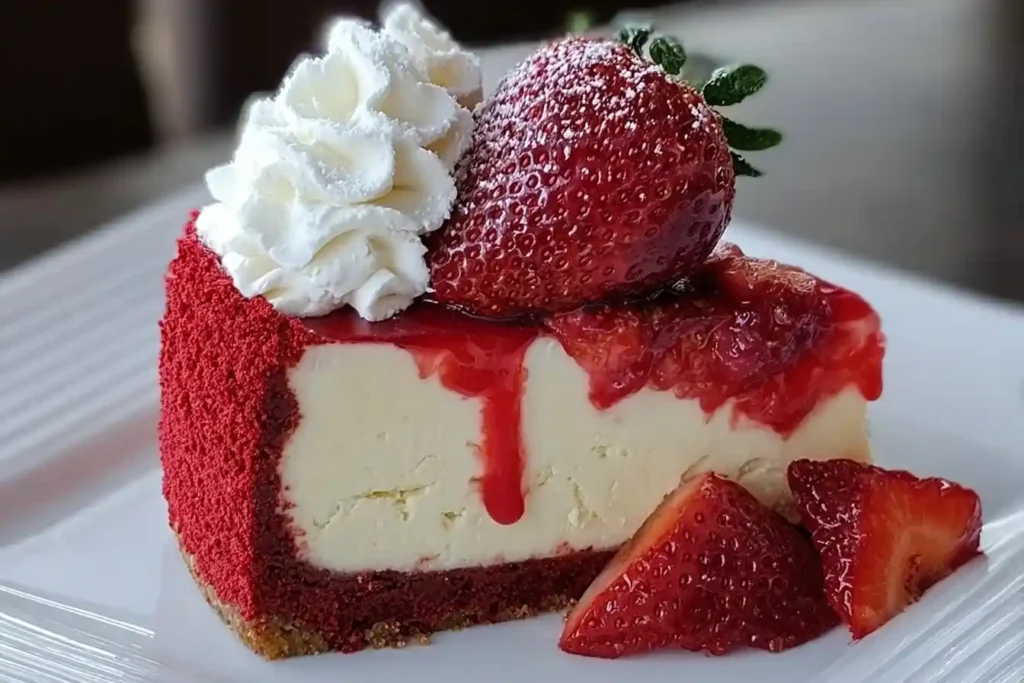 A beautiful slice of red velvet cheesecake on a white plate, topped with strawberry sauce, whipped cream, and a fresh strawberry.
