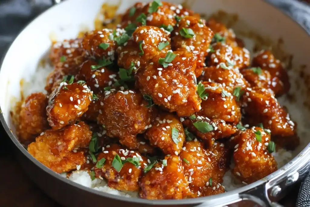 A close-up shot of crispy sesame chicken in a white pan, glazed with a sweet and savory sauce and topped with sesame seeds.