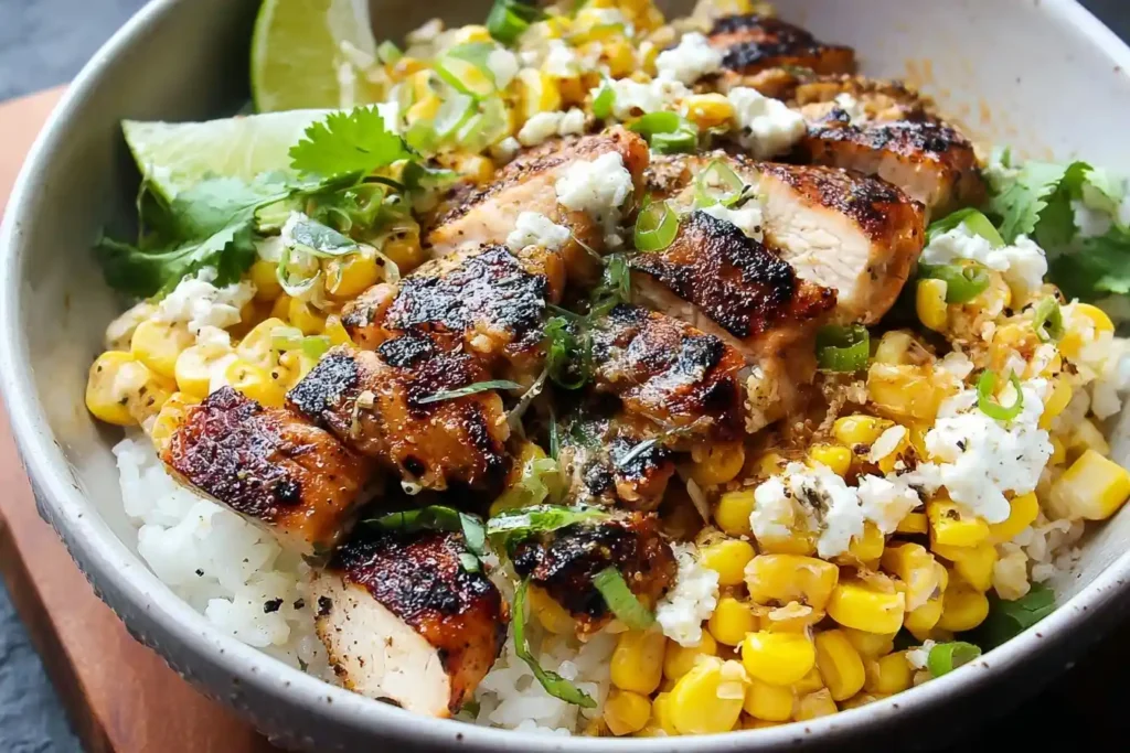 A close-up of a delicious chicken and corn bowl with grilled chicken pieces over rice, garnished with cheese, cilantro, and lime.