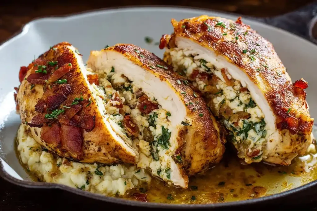 A close-up of a sliced {{ $('Fetch Recipe Data').first().json["Main Keyword"] }} filled with cheese, spinach, and bacon, served on a plate.