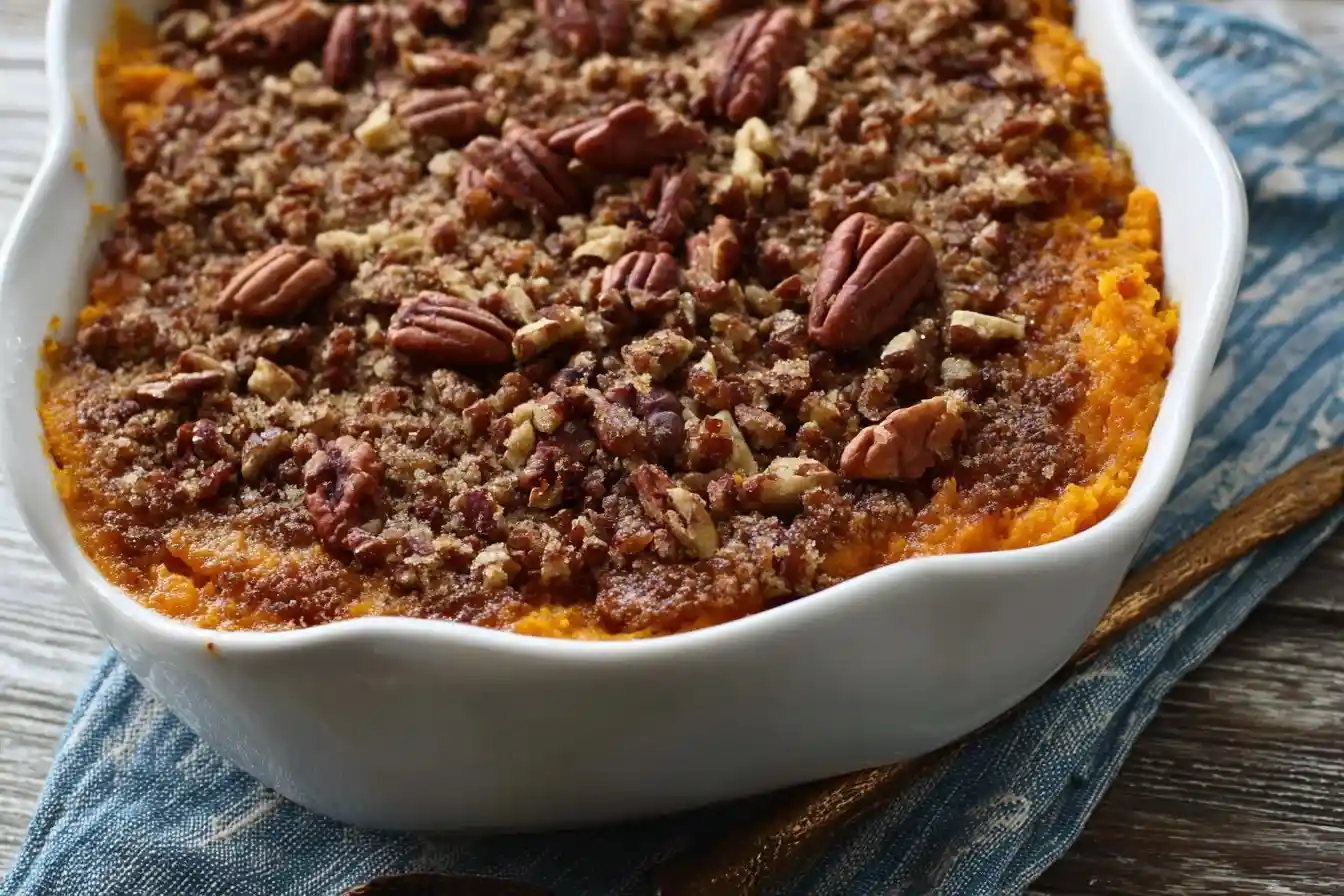 A close-up of a homemade sweet potato casserole with a crunchy pecan and brown sugar topping in a white dish.