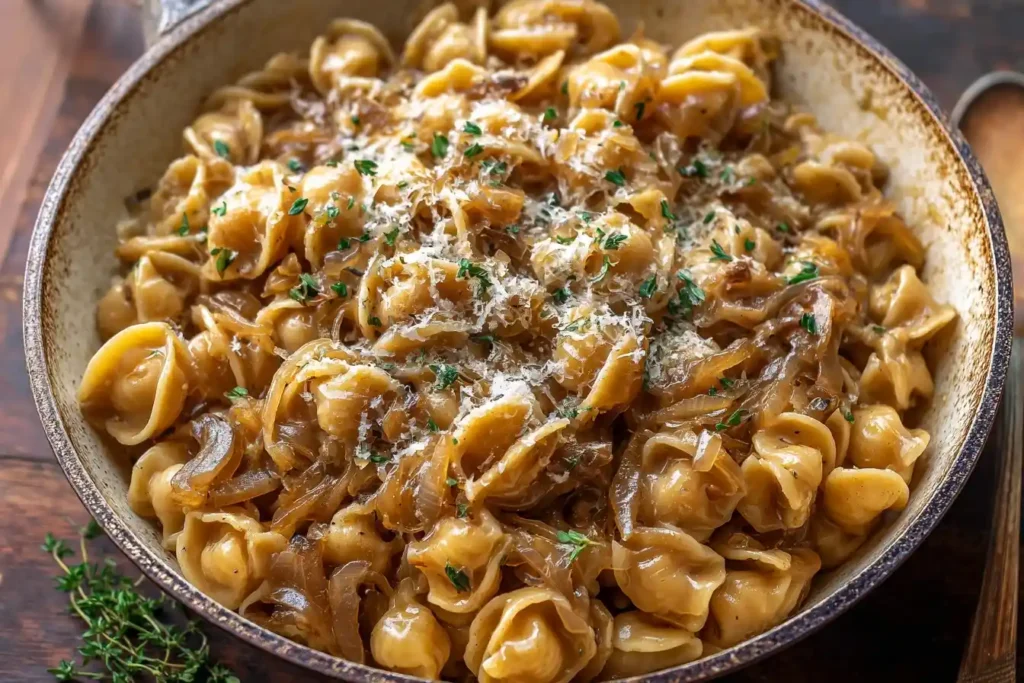 A rustic bowl of delicious French Onion Pasta, loaded with sweet caramelized onions and topped with grated cheese and fresh herbs.