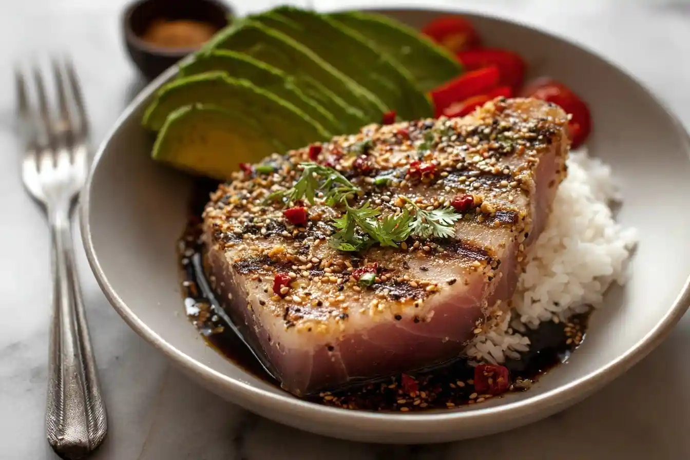 A close-up of a seared ahi tuna steak crusted with sesame seeds, served in a bowl with rice, avocado, and tomatoes.