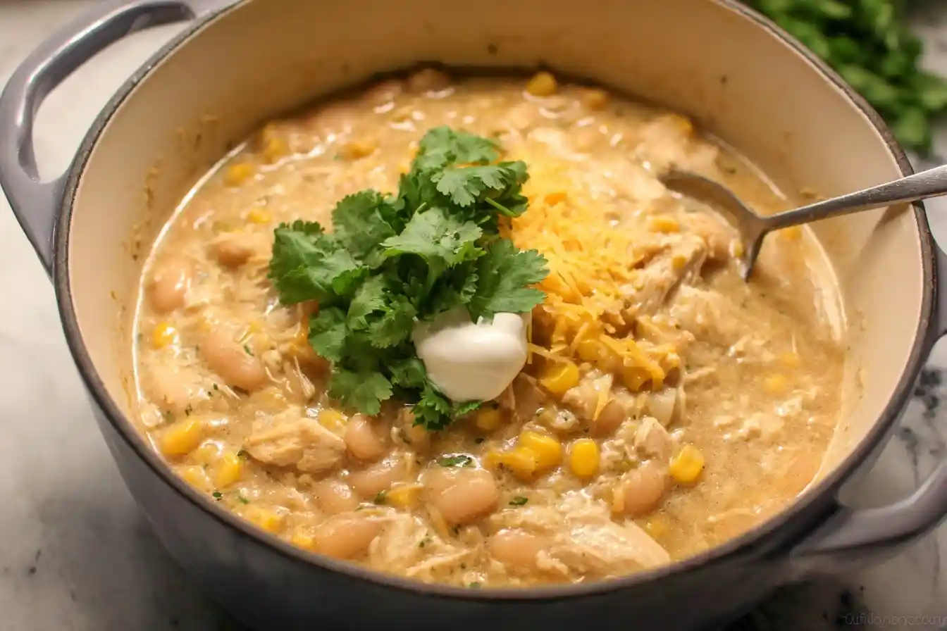 A dutch oven filled with creamy white chicken chili, topped with shredded cheese, sour cream, and fresh cilantro.