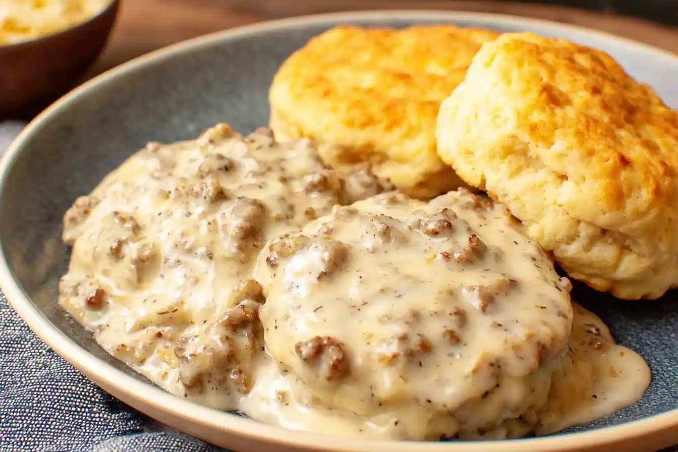 A close-up shot of a plate of homemade biscuits and gravy, with fluffy biscuits smothered in creamy sausage gravy.