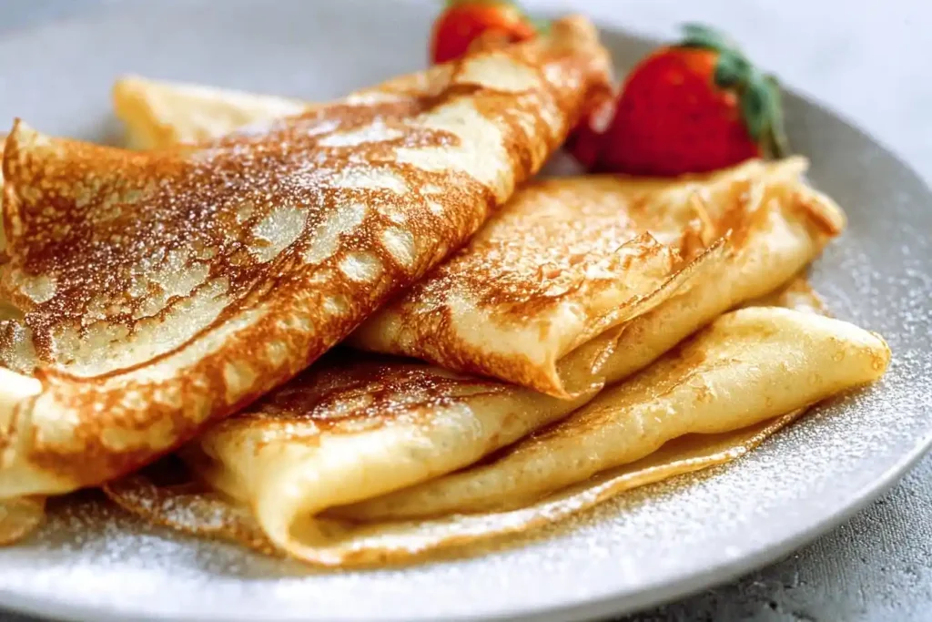 Golden brown French Crepes folded on a plate with powdered sugar and fresh strawberries.