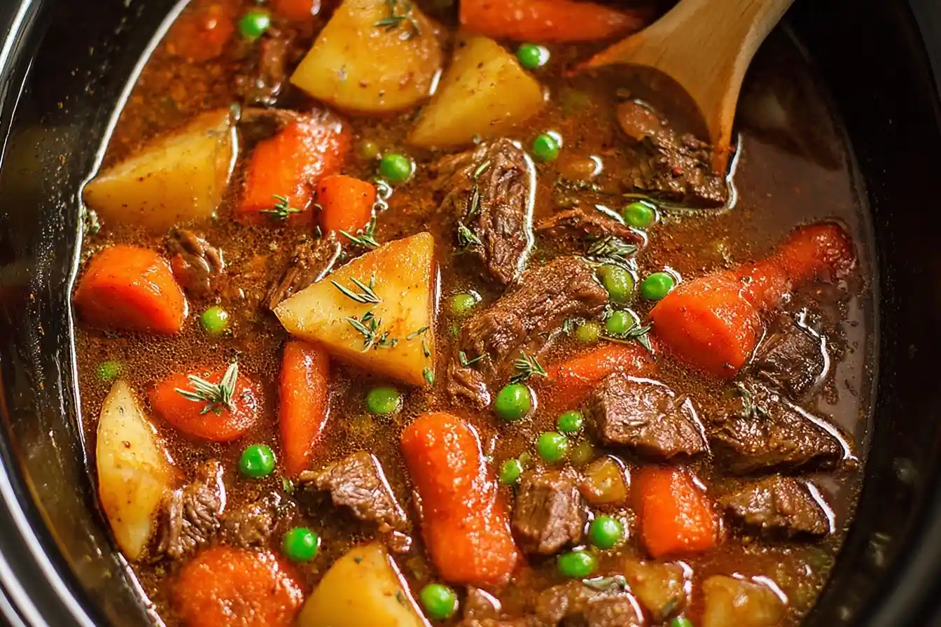 Close-up view of hearty slow cooker beef stew with potatoes, carrots, and peas in a rich brown gravy