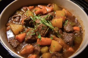 A close-up of a hearty bowl from a classic beef stew recipe, filled with tender beef, potatoes, carrots, and fresh herbs.
