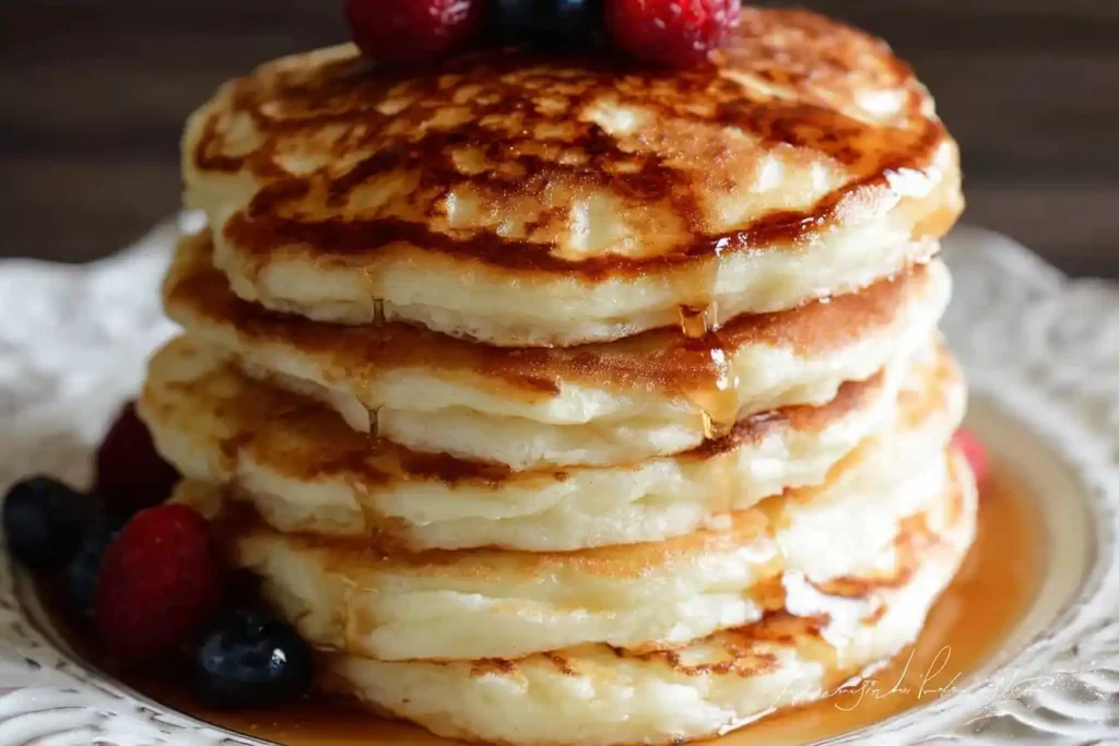 A tall stack of fluffy pancakes on a white plate, drizzled with maple syrup and topped with fresh raspberries and blueberries.