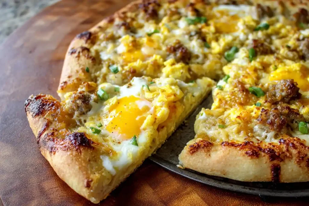 A close-up of a homemade Breakfast Pizza with sausage and eggs, with one slice pulled out revealing a runny yolk.