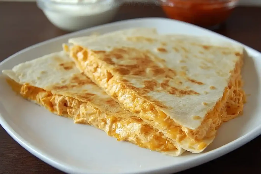 A golden-brown chicken quesadilla, cut into triangles and stacked on a white plate, revealing its cheesy, shredded chicken filling.