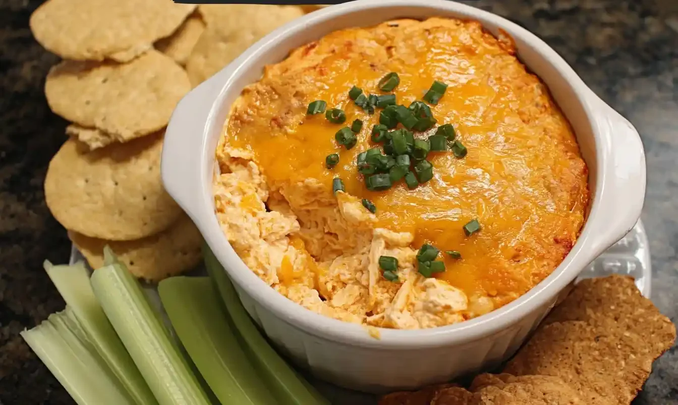 A white bowl of creamy Buffalo Chicken Dip, topped with melted cheese and green onions, served with crackers and celery sticks.
