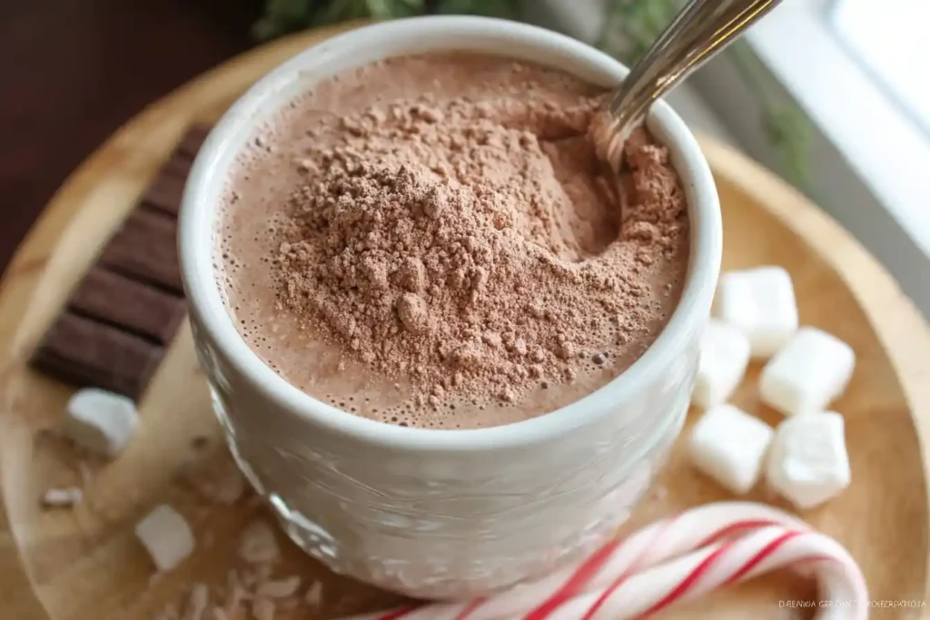 A white mug holding a heaping scoop of Homemade Hot Chocolate Mix powder with a spoon and marshmallows.
