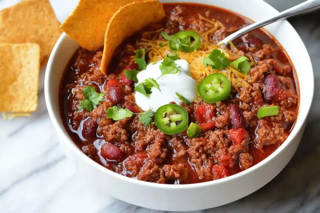 White bowl filled with classic beef chili topped with sour cream, cheese, jalapeños, and served with tortilla chips.