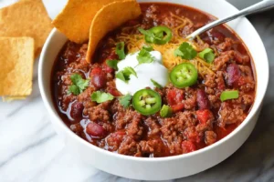 White bowl filled with classic beef chili topped with sour cream, cheese, jalapeños, and served with tortilla chips.
