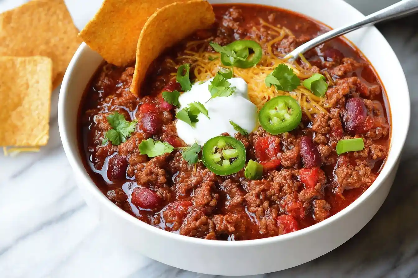 White bowl filled with classic beef chili topped with sour cream, cheese, jalapeños, and served with tortilla chips.