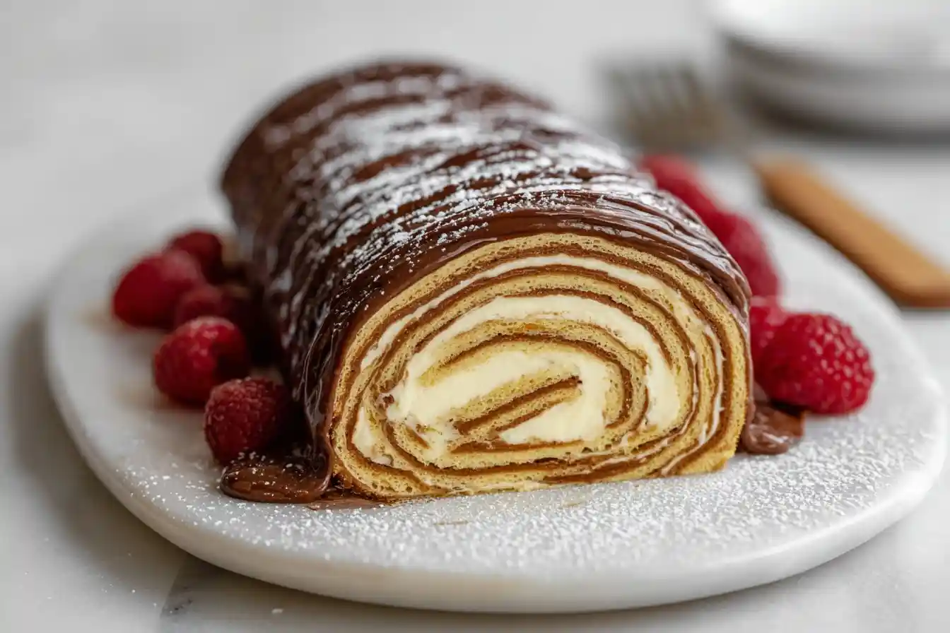 A fluffy Swiss roll cake filled with cream, topped with chocolate drizzle and raspberries on a white plate.