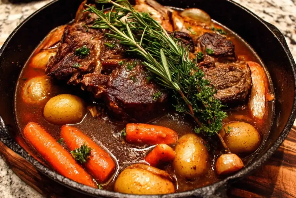 Tender pot roast in a cast iron skillet with carrots, potatoes, and fresh rosemary sprigs.